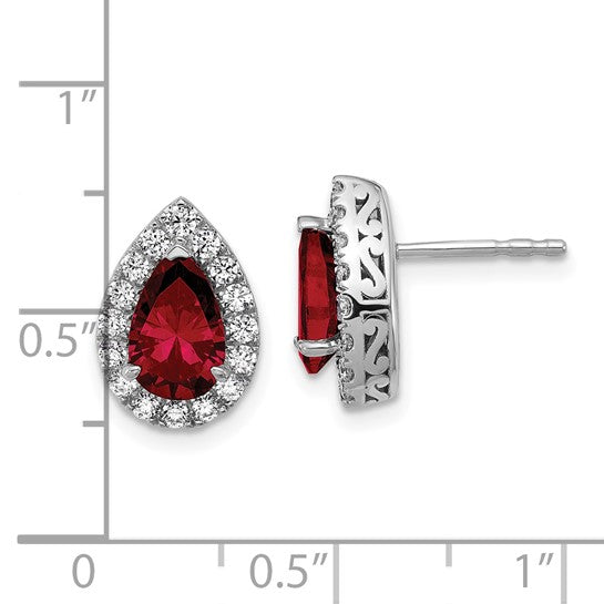 14K White Gold Lab Grown VS/SI FGH Dia and Garnet Pear Post Earrings