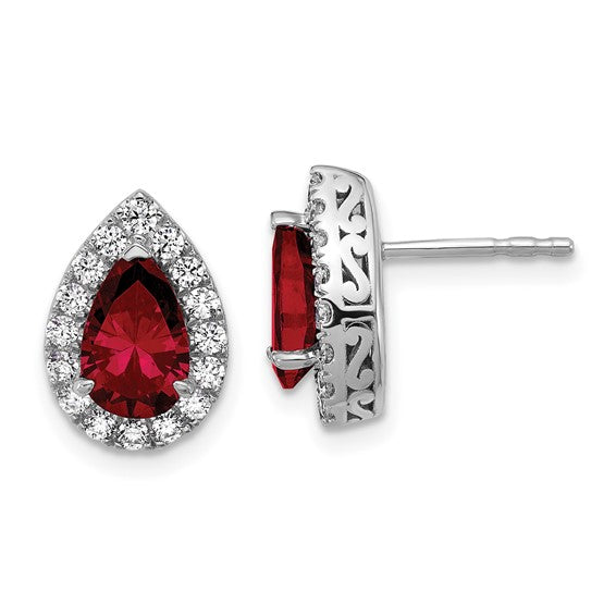 14K White Gold Lab Grown VS/SI FGH Dia and Garnet Pear Post Earrings