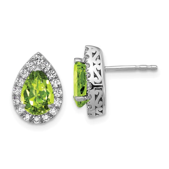 14K White Gold Lab Grown VS/SI FGH Dia and Peridot Pear Post Earrings