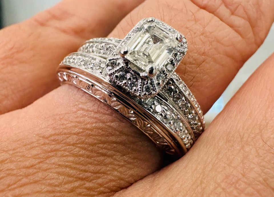 Emerald Cut Natural Diamond Halo Engagement Ring Set 1.50CTW