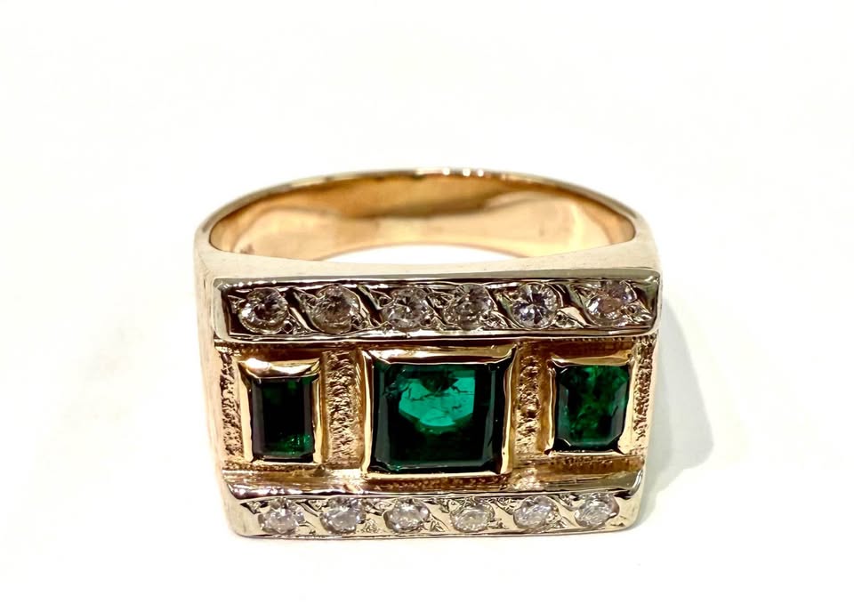 One Of A Kind Natural Emeralds and Diamonds Men’s Solid Ring In 14k Gold