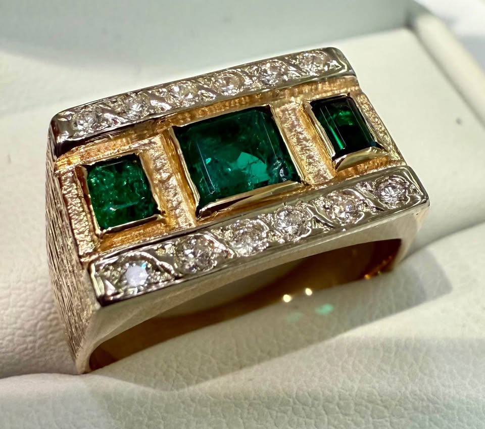 One Of A Kind Natural Emeralds and Diamonds Men’s Solid Ring In 14k Gold