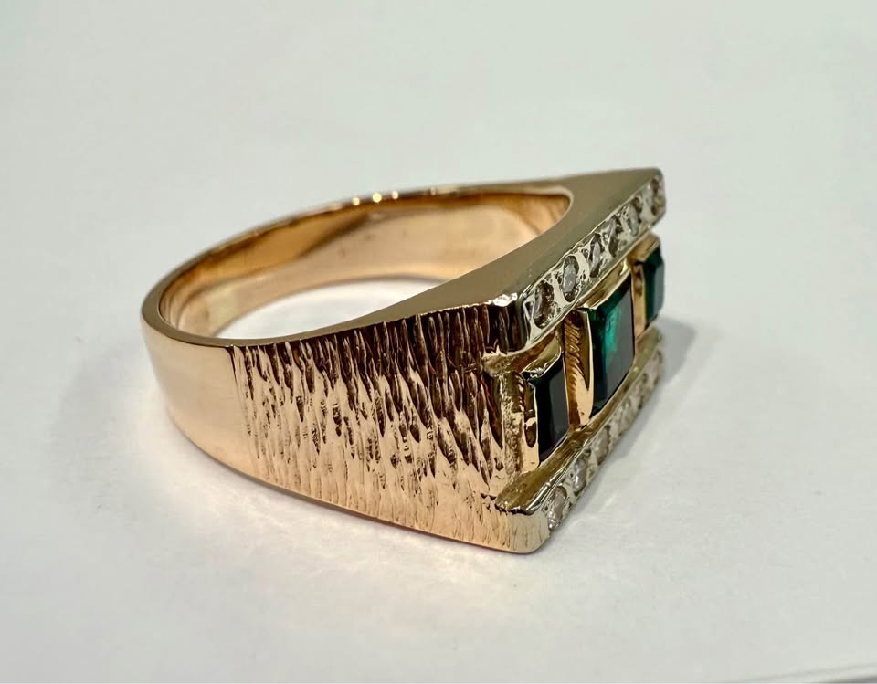 One Of A Kind Natural Emeralds and Diamonds Men’s Solid Ring In 14k Gold