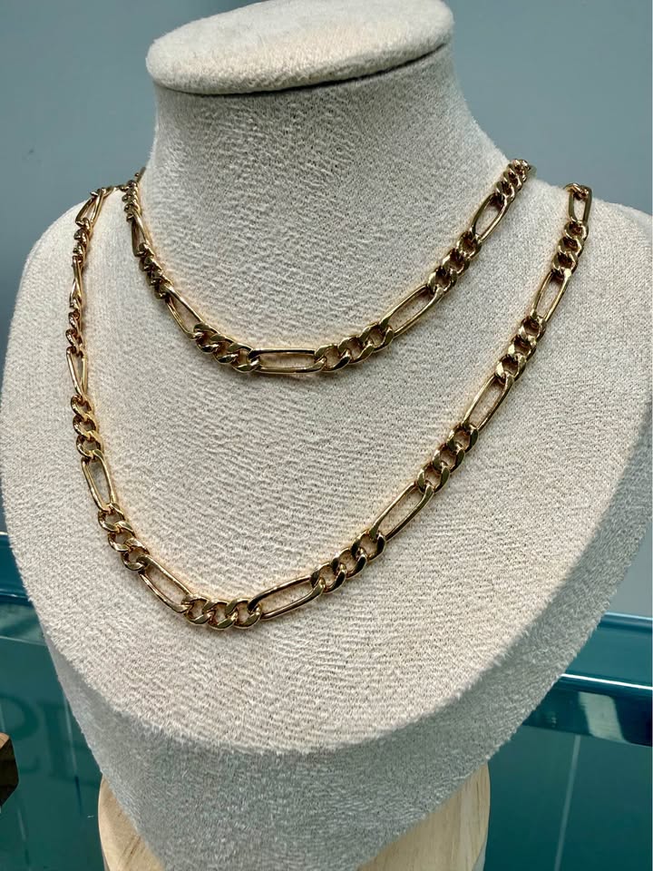Two Pcs Necklace and Bracelet Made in Italy 9 karat Figaro Chain and Matching bracelet 26” + 8”