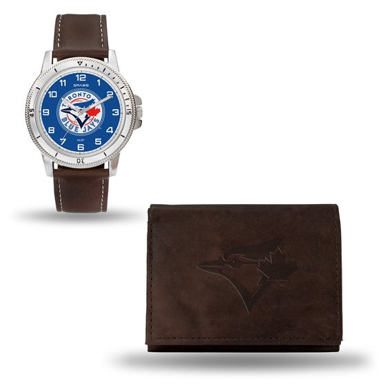 MLB Toronto Blue Jays Brown Leatherette Strap Quartz Watch and Brown Leather Wallet