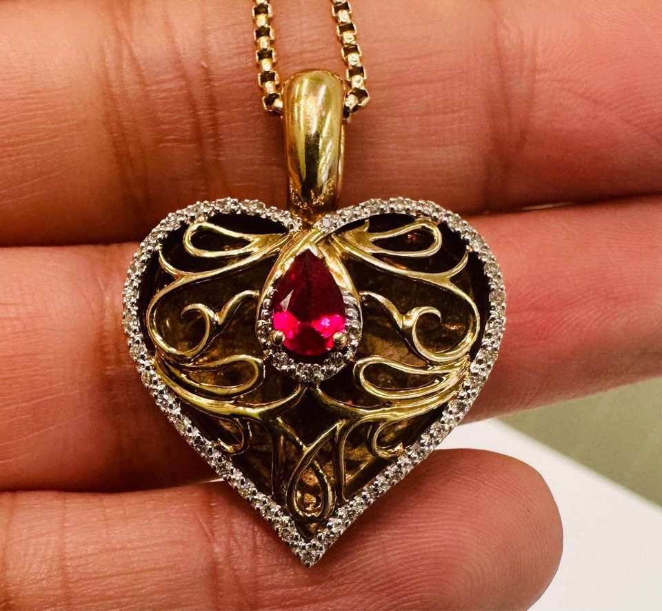 Handmade Ruby and Diamonds Yellow Gold Heart Pendant +20” Chain