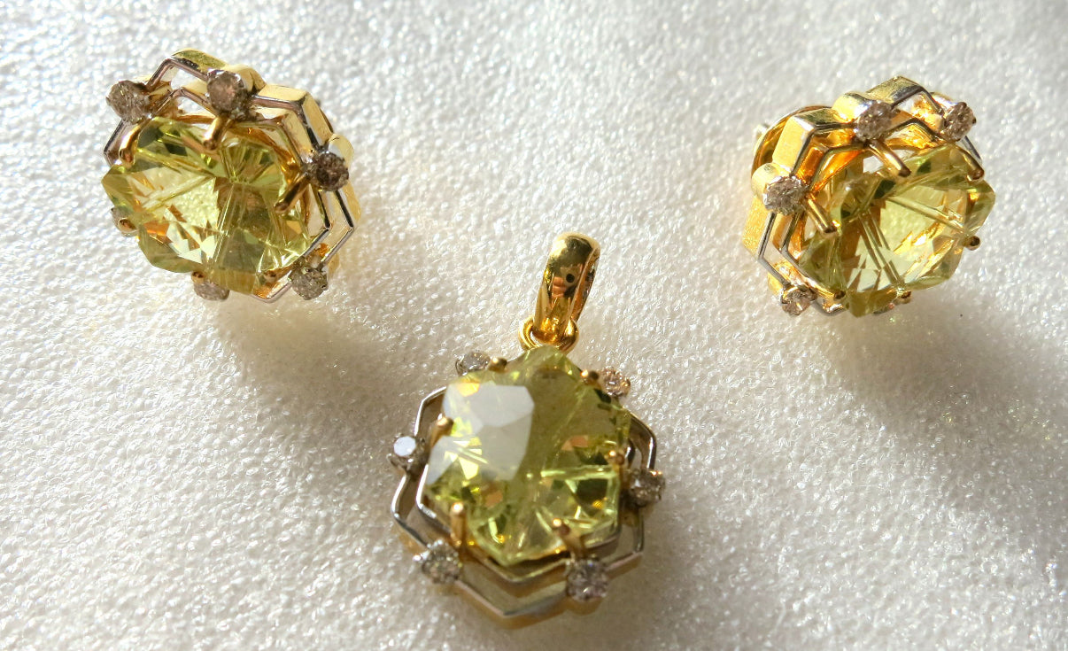 14k Gold Lemon Citrine and Diamonds , Matching set 15.00CTW