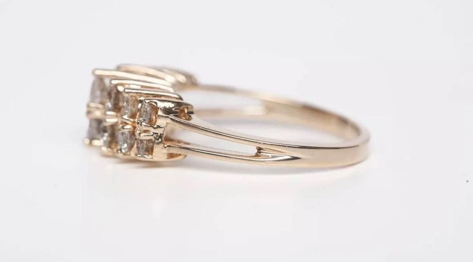 Ladies 14k Yellow Gold Double Row Natural Diamond Rooftop Ring 1.00CTW