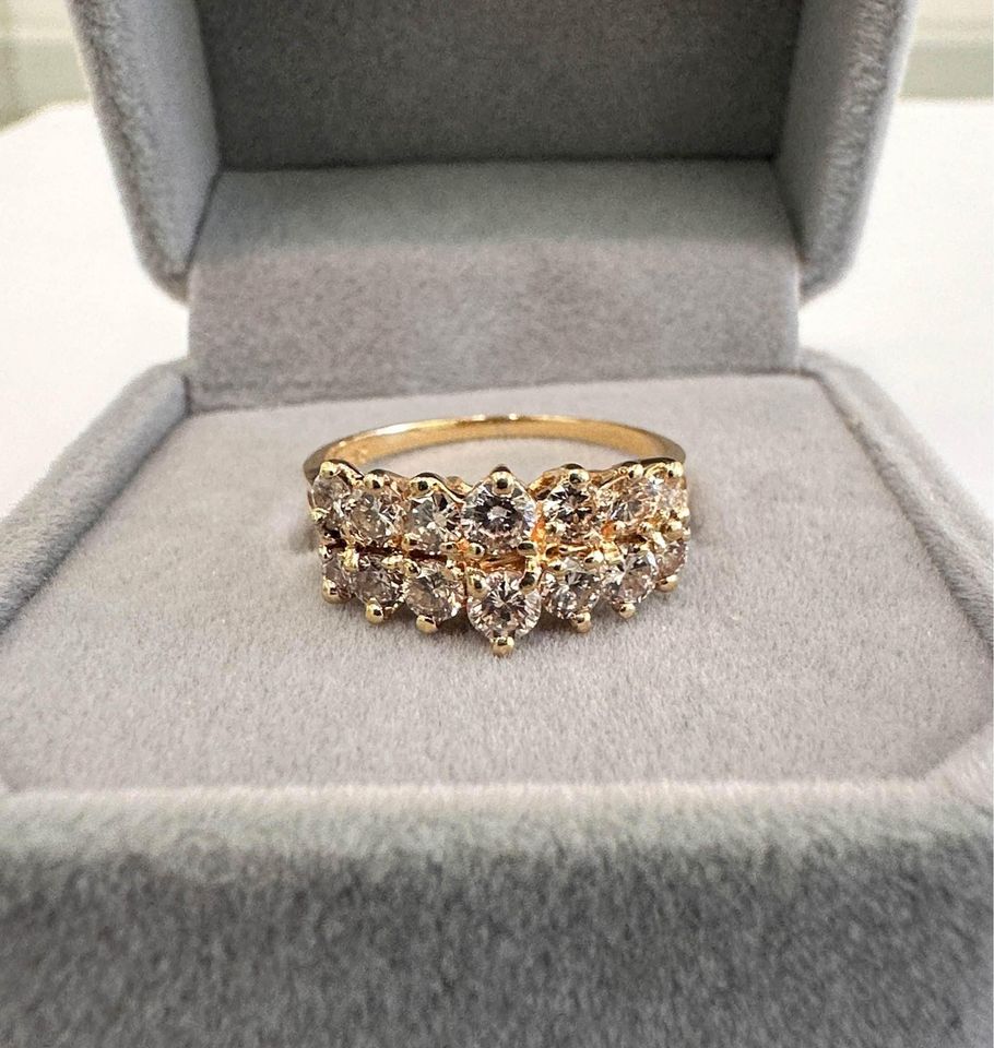 Ladies 14k Yellow Gold Double Row Natural Diamond Rooftop Ring 1.00CTW