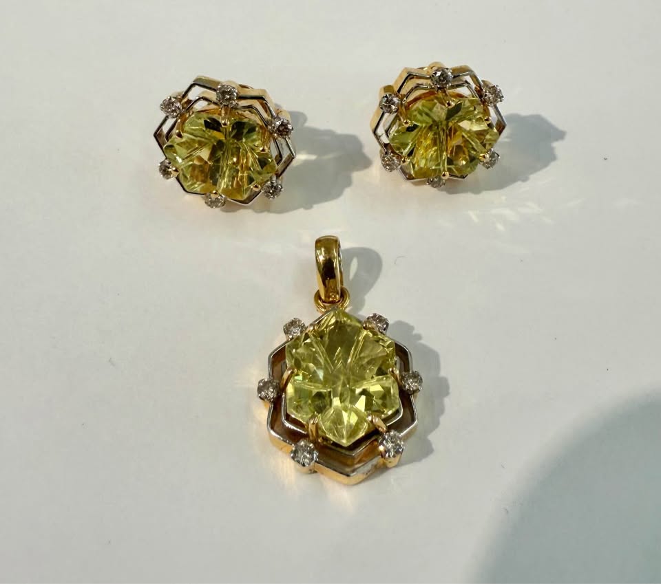Lemon Citrine& Diamonds 14k Gold Matching Set Earrings & Pendant 15.00CTW