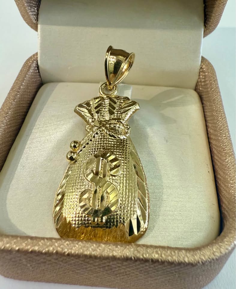 Mens 10K Yellow Gold Large Lucky Dollar Sign Money Bag Pendant 1.3”