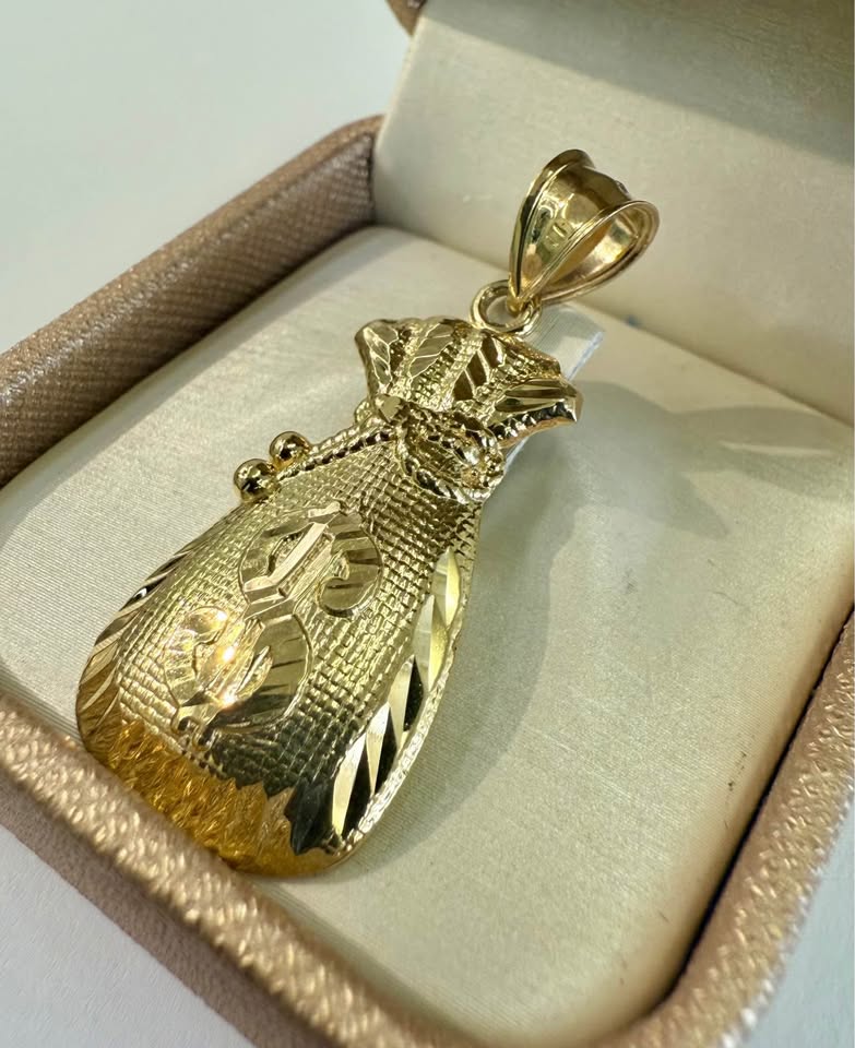 Mens 10K Yellow Gold Large Lucky Dollar Sign Money Bag Pendant 1.3”