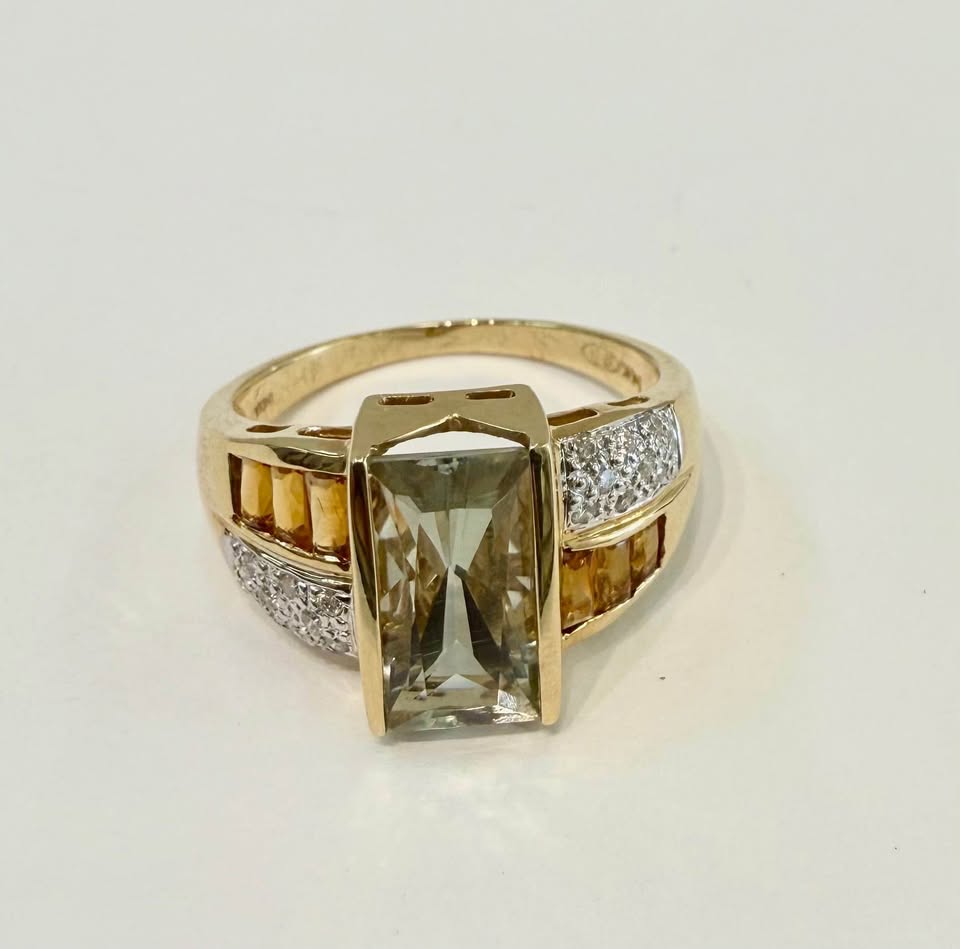 Natural 7.00ct Aquamarine, Citrines and Natural Diamonds 14K Ring