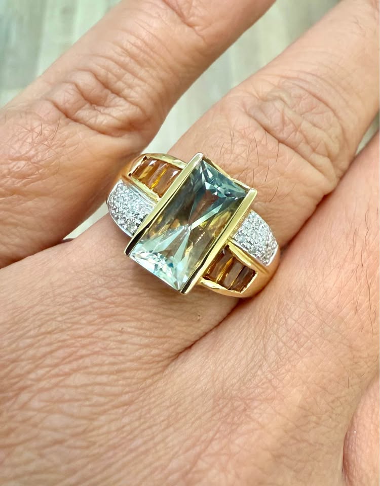Natural 7.00ct Aquamarine, Citrines and Natural Diamonds 14K Ring