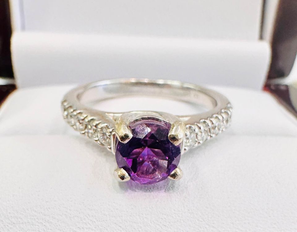 Natural Amethyst and Diamonds Engagement Ring