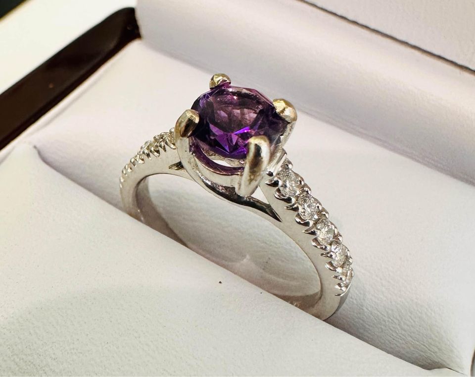 Natural Amethyst and Diamonds Engagement Ring