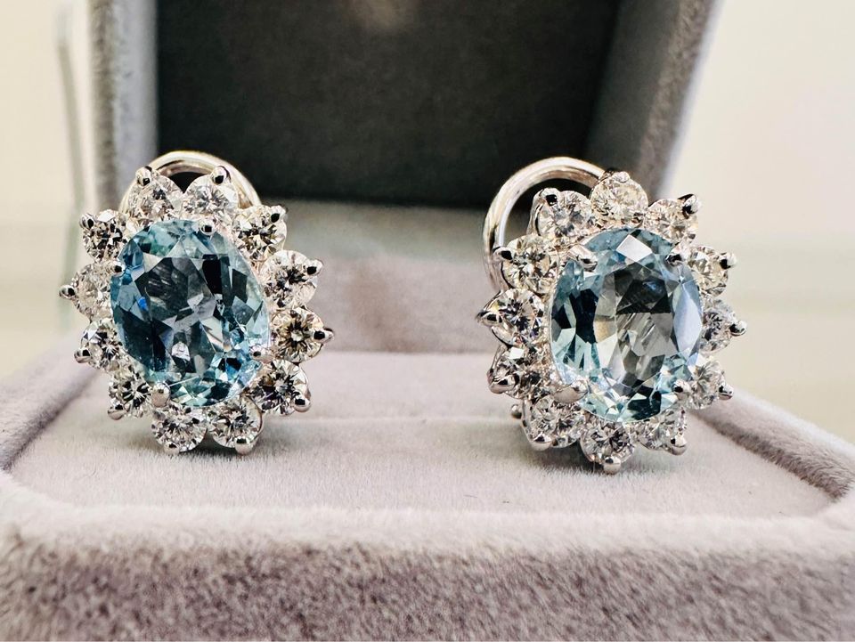 Natural Aquamarine 4.04CTW & 2.50CTW Natural Diamonds Earrings 14k