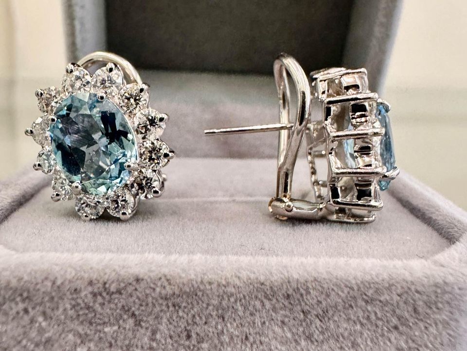 Natural Aquamarine 4.04CTW & 2.50CTW Natural Diamonds Earrings 14k