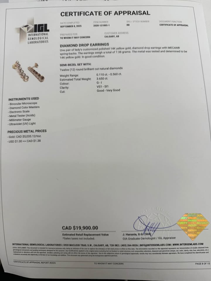 Natural Diamonds Dangle Earrings 3.65CTW VS1-G in 14k gold