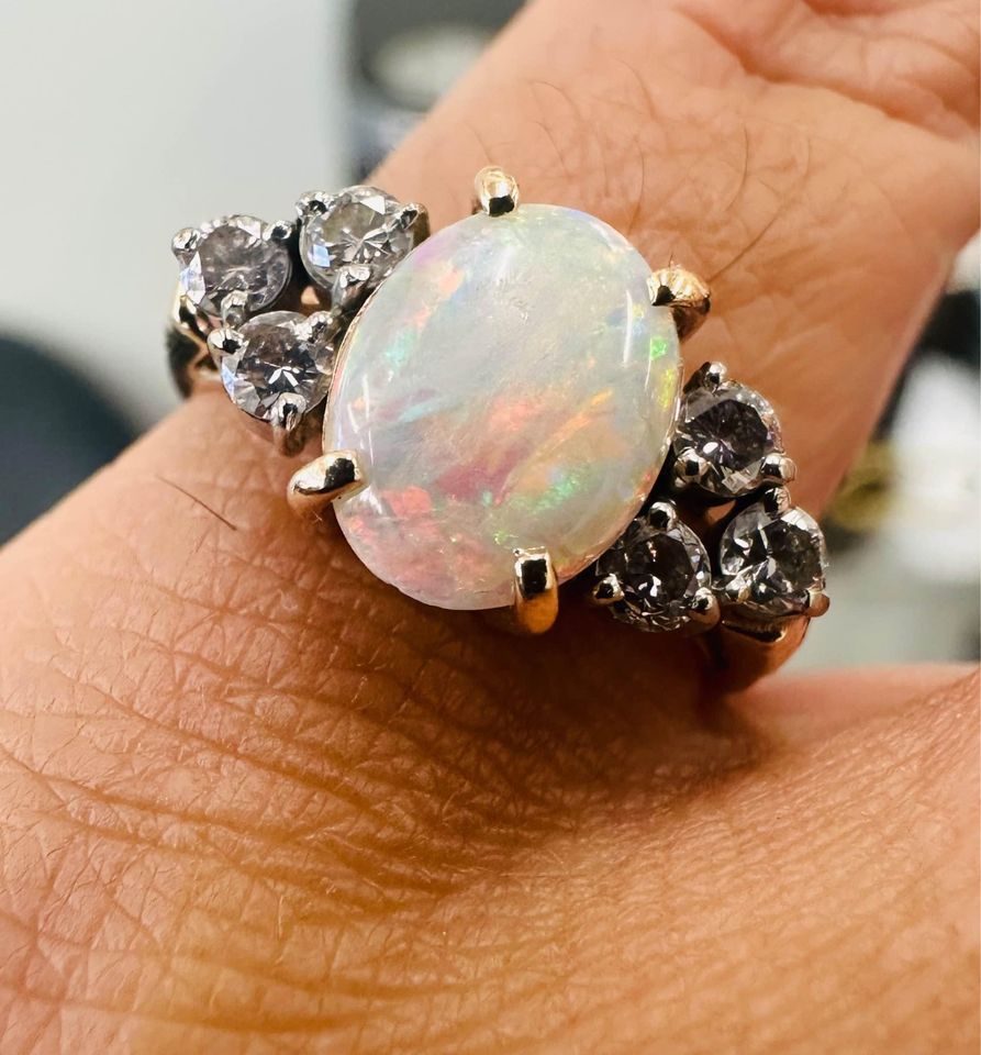 Natural Ethiopian Opal and diamonds vintage ring in 14k yellow gold