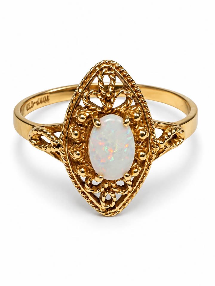 Natural Opal Artdeco Style Ring In 10k Gold