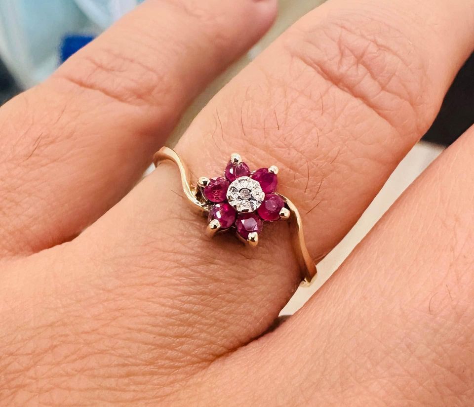 Natural Rubies and Diamond Flower Ring In 10k Gold