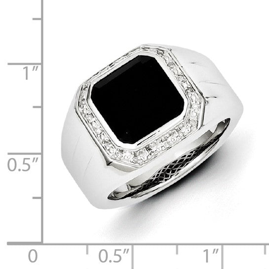 White Night Sterling Silver Rhodium-plated Diamond and Black Onyx Square Men's Ring