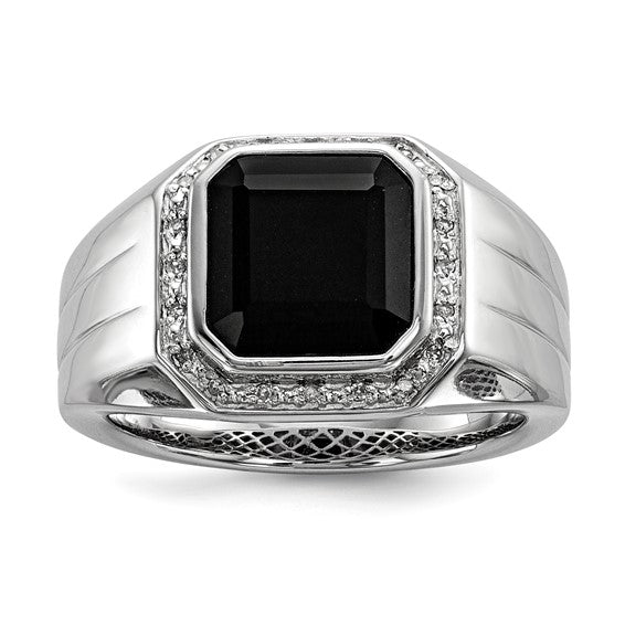 White Night Sterling Silver Rhodium-plated Diamond and Black Onyx Square Men's Ring