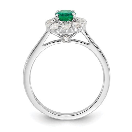 14k White Gold Oval Created Emerald and Diamond Halo Ring