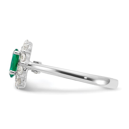 14k White Gold Oval Created Emerald and Diamond Halo Ring