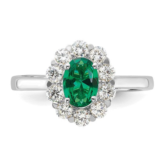 14k White Gold Oval Created Emerald and Diamond Halo Ring