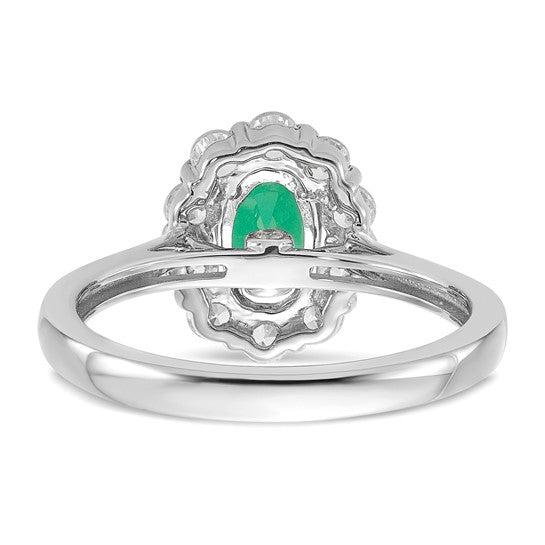 14k White Gold Oval Created Emerald and Diamond Halo Ring