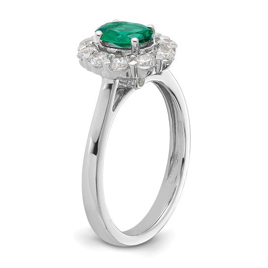 14k White Gold Oval Created Emerald and Diamond Halo Ring