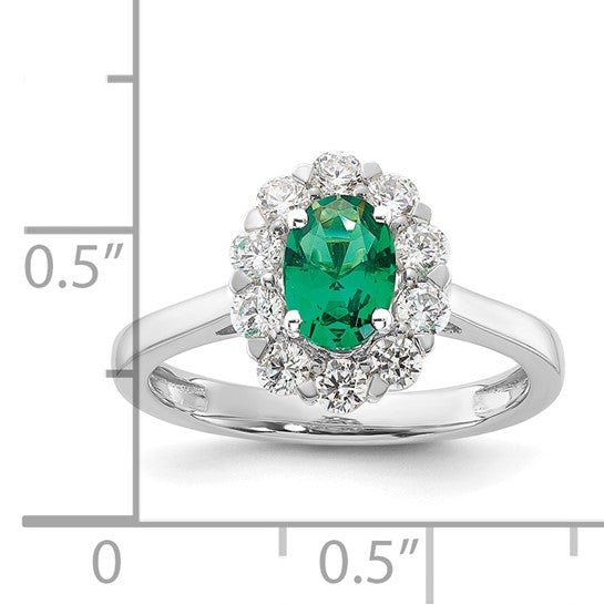 14k White Gold Oval Created Emerald and Diamond Halo Ring