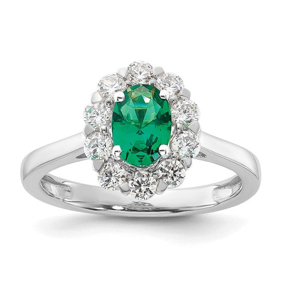 14k White Gold Oval Created Emerald and Diamond Halo Ring