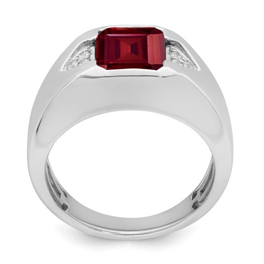 14k White Gold Emerald-cut Created Ruby and Diamond Mens Ring