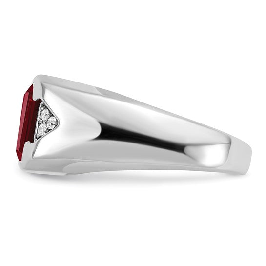 14k White Gold Emerald-cut Created Ruby and Diamond Mens Ring