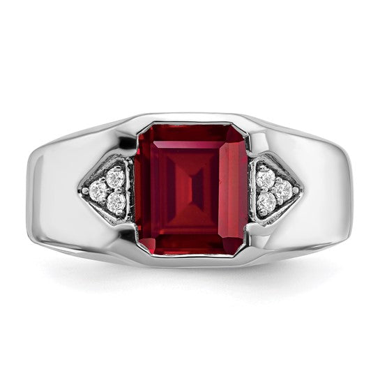 14k White Gold Emerald-cut Created Ruby and Diamond Mens Ring