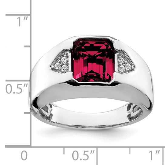 14k White Gold Emerald-cut Created Ruby and Diamond Mens Ring