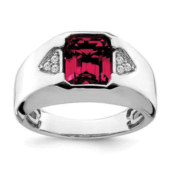 14k White Gold Emerald-cut Created Ruby and Diamond Mens Ring