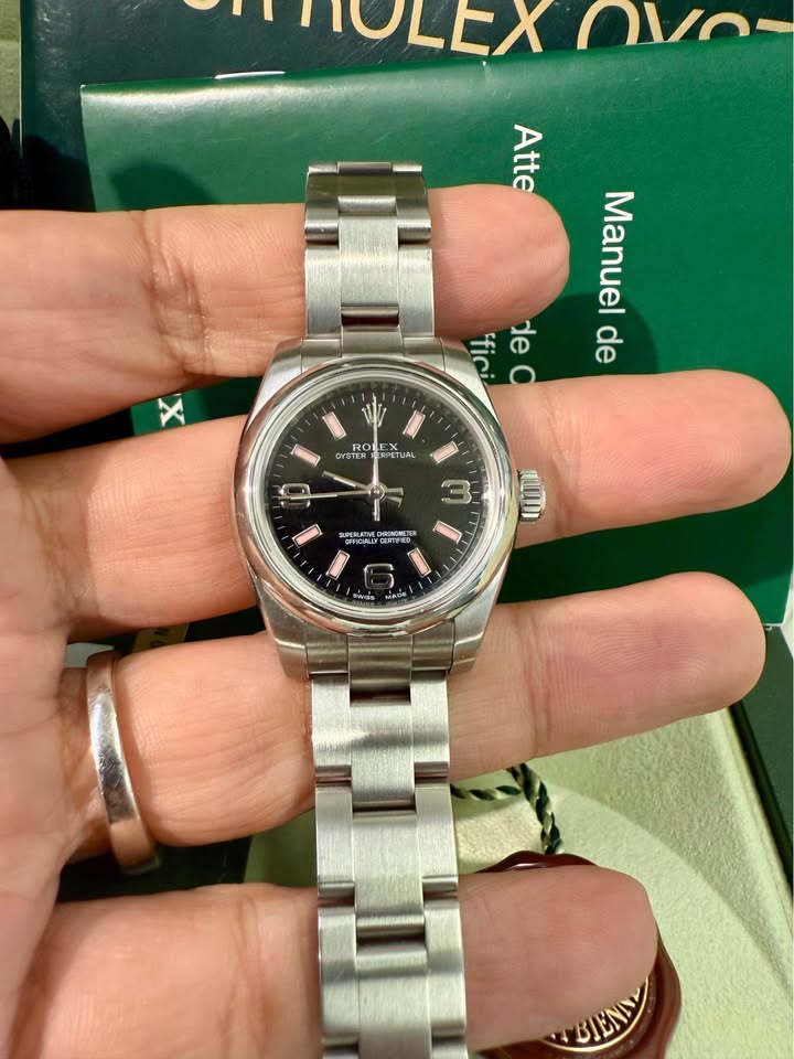 Rolex 176200 Ladies Oyster Perpetual Black Dial Pink Markers Steel Box & Papers