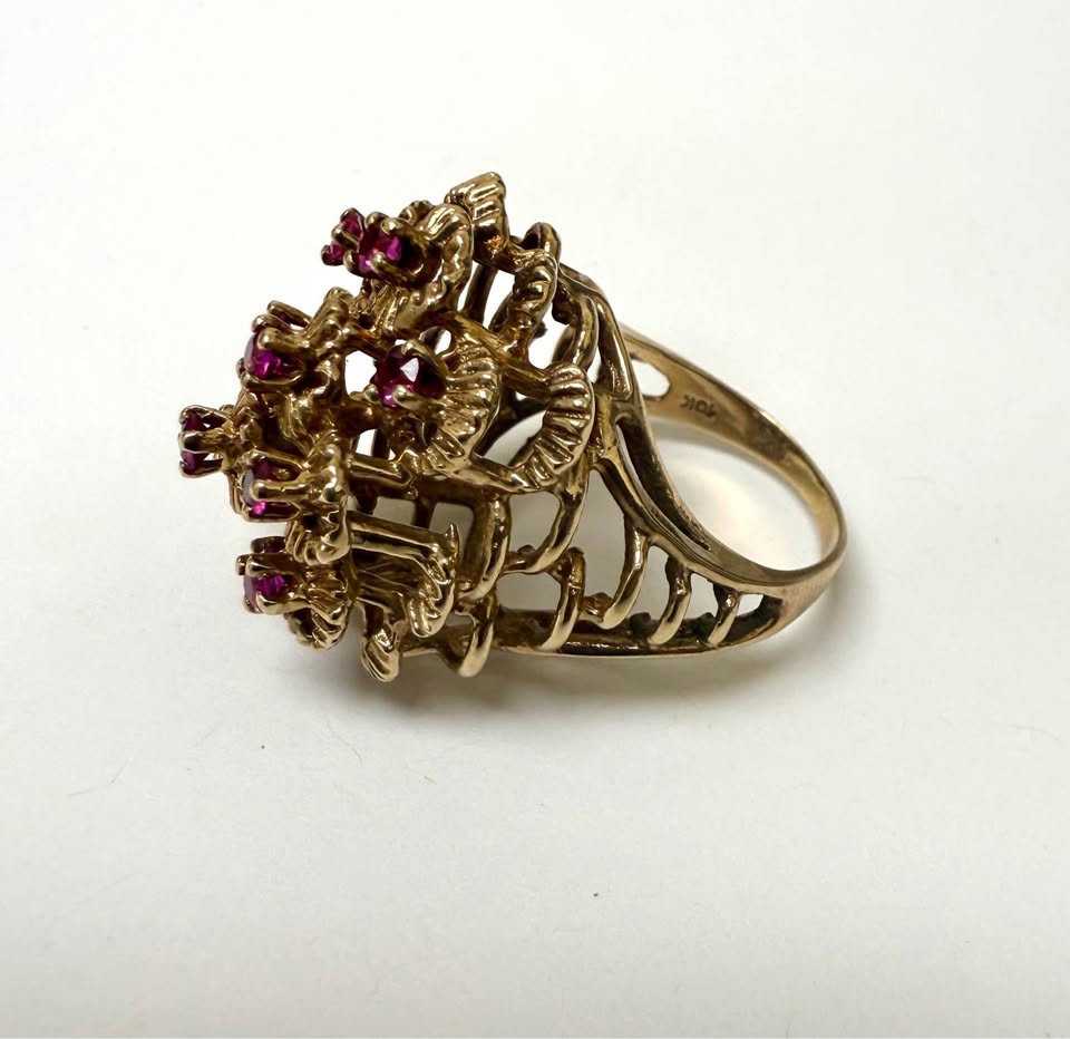 Vintage Statement Natural Rubies Cluster Ring in 10k Yellow Gold