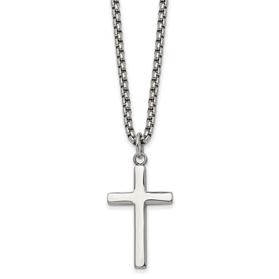 Chisel Stainless Steel Polished Cross Pendant on a 24 inch Box Chain Necklace