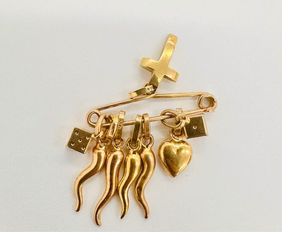 Solid 18k Italian Yellow Gold 2.8” Safety Pin with 8 Charms