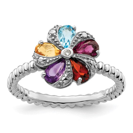 Sterling Silver Gemstone and Diamond Ring