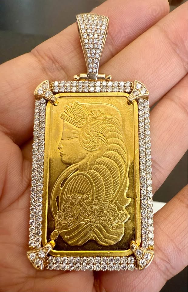 Suisse One Oz Gold Bar 999.9 Pendant with 2.63CTW Natural Diamonds In 10k Bezel