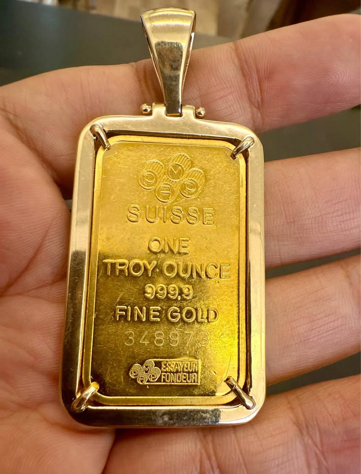 Suisse One Oz Gold Bar 999.9 Pendant with 2.63CTW Natural Diamonds In 10k Bezel