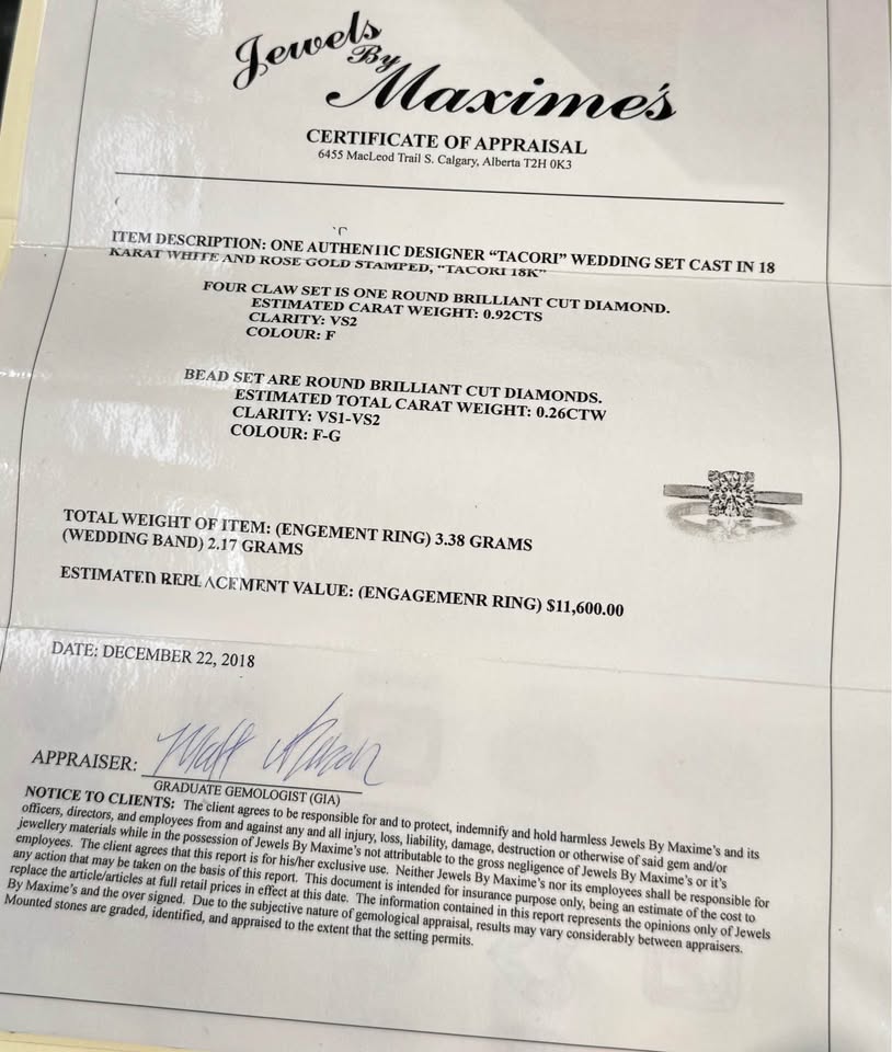 Tacori Engagement Ring Natural Diamond 18k Solitaire 0.92 Carat F-VS2 Appraised for $11,600