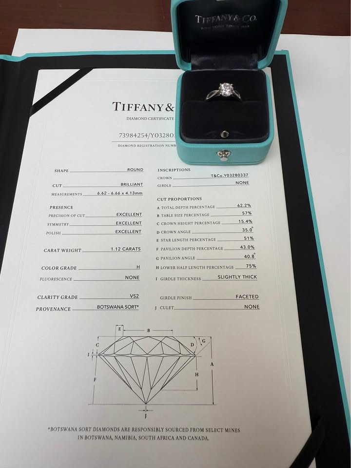 Tiffany & Co. Natural Diamond Solitaire Engagement Ring 1.12 CT In Platinum