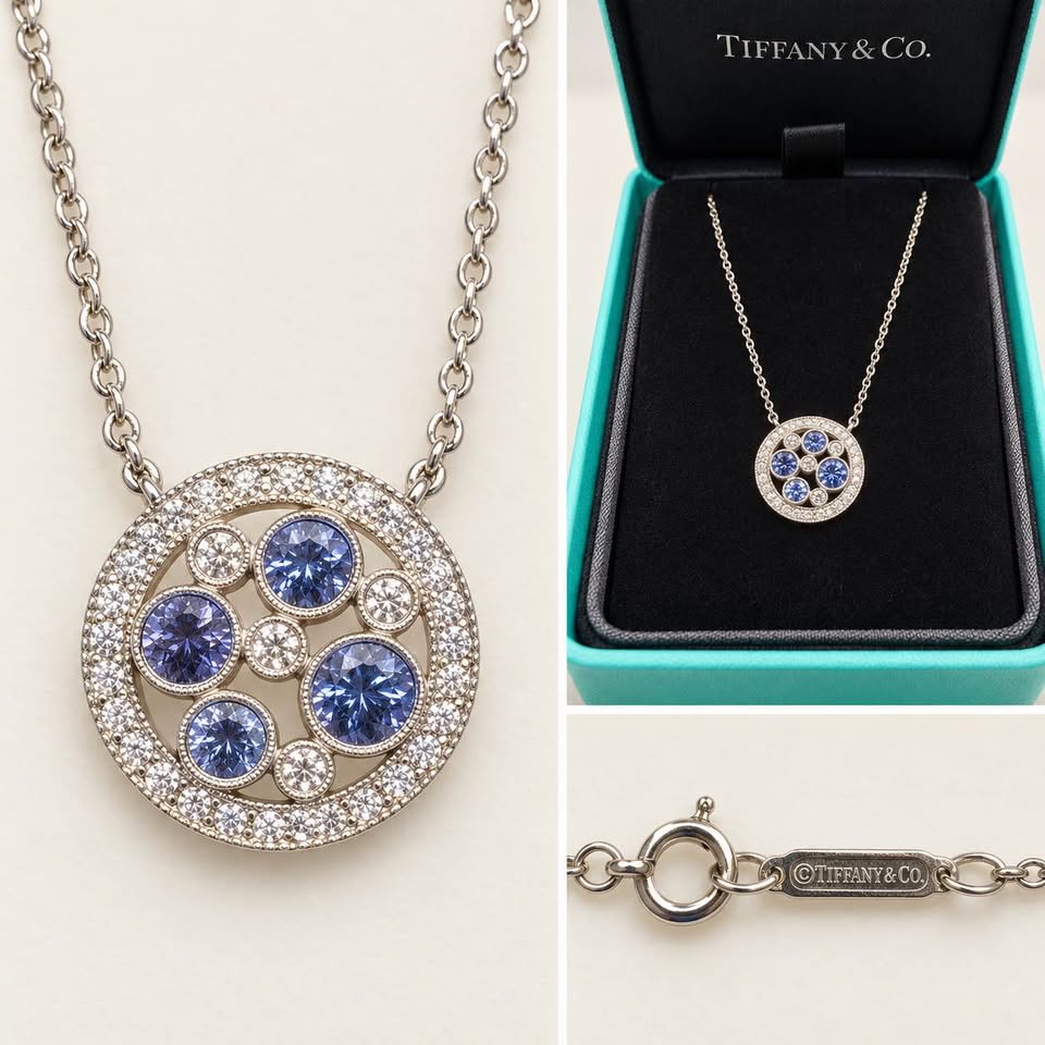 Tiffany & Co Cobblestone , Sapphire and Diamonds Platinum Necklace With Box